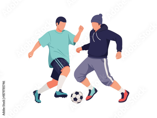 Flat vector illustration of two soccer players competing for the ball