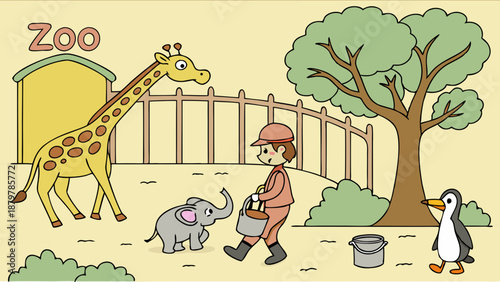 Happy Zookeeper Feeding Animals at Zoo Cartoon Illustration Giraffe Elephant Penguin Wildlife Care Educational Design Element