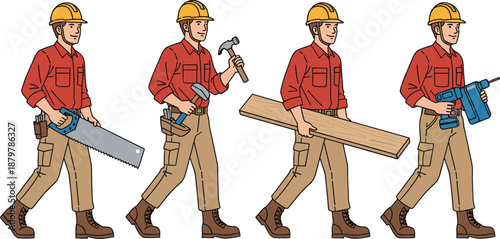 Construction worker wearing safety helmet and uniform, carrying tools like saw, hammer, wood plank and drill, professional builder vector illustration