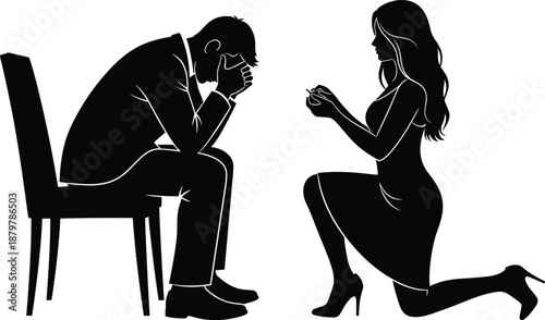 Emotional relationship moment silhouette illustration showing woman kneeling apologizing to sad man seated on chair during breakup conflict scene drama