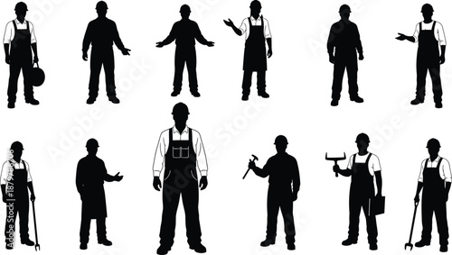 Industrial worker silhouettes wearing uniforms and aprons, holding tools, gesturing and standing, professional labor force black vector illustration