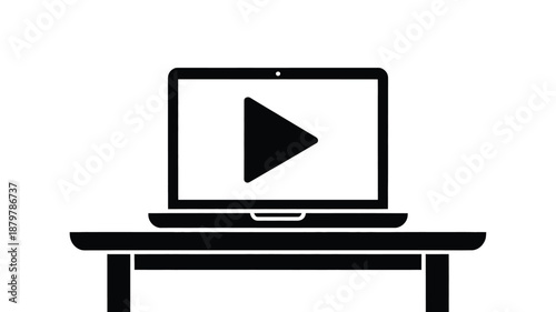 Laptop displaying a play button on its screen, symbolizing online video streaming or multimedia content Vector