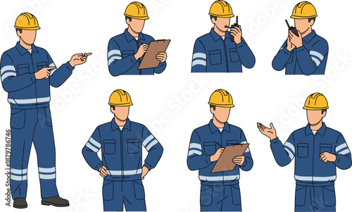 Industrial worker wearing safety helmet and uniform, using walkie talkie and clipboard, pointing and communicating, professional construction vector illustration