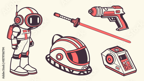 Retro Sci Fi Astronaut Character And Futuristic Weapons Gear Set Vector Illustration For Gaming And Space Exploration Design