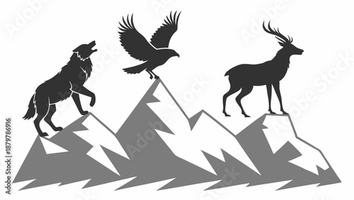 Wolf Eagle and Stag Silhouette on Mountain Peaks Illustrating Business Leadership Dominance and Competitive Success.
