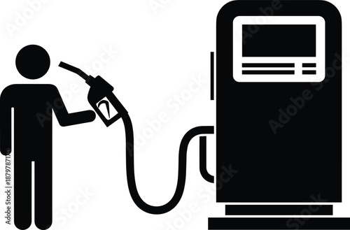 Black and white silhouette icon of person refueling at gas station pump, ideal for automotive, signage, and fuel service graphics.