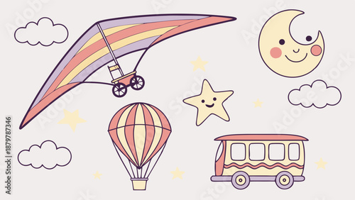 Cute Pastel Travel Adventure Illustration Set Hot Air Balloon Hang Glider Bus Moon Star Whimsical Sky Kids Nursery Background