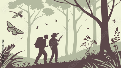 Two Hikers Exploring Dense Forest Silhouette Vector Illustration Nature Exploration Ecology and Wildlife Discovery Adventure Background