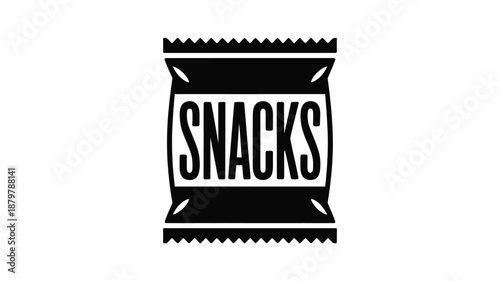 Minimalist black and white icon of a snack package featuring the bold text 'snacks' Vector