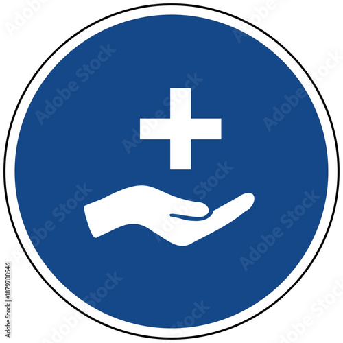 Erste Hilfe blaues Schild Vektor Icon Illustration Medizinische Hilfe Notfall Kreuz Hand Symbol Gesundheit Rettung