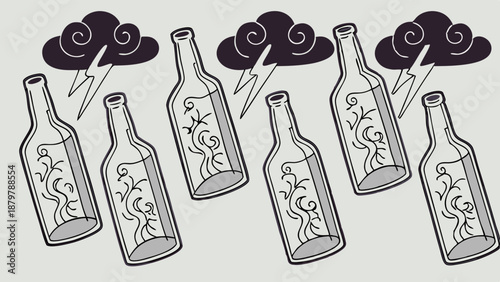 Dark Magic Potions Brewing in Glass Bottles Under Stormy Clouds and Lightning Strikes Fantasy Illustration