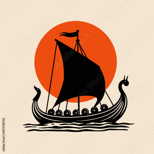 Classic Viking longship silhouette sailing against a bold orange sun, a retro and powerful graphic design.