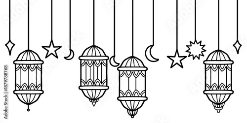 Hand drawn hanging ramadan lanterns with stars and moon doodle outline decoration on white background