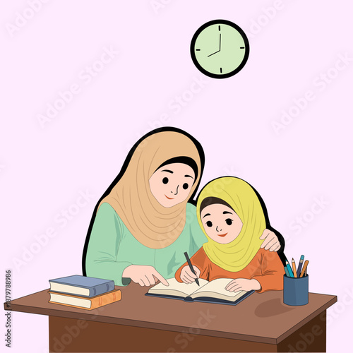 Muslim Woman Teaching Her Child at Home Learning and Education Concept Isolated on White Background