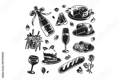 Hand-Drawn Celebration Feast Champagne, Wine, Cheese, and Cake Collection