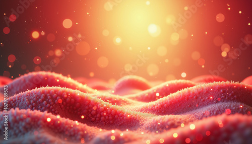 abstract texture of red wavy surface with glowing lights representing warmth and energy for creative backgrounds and visual projects