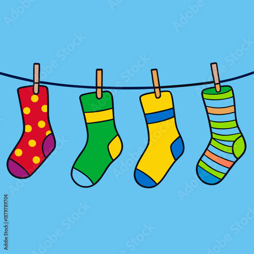 Colorful socks hanging on a clothesline