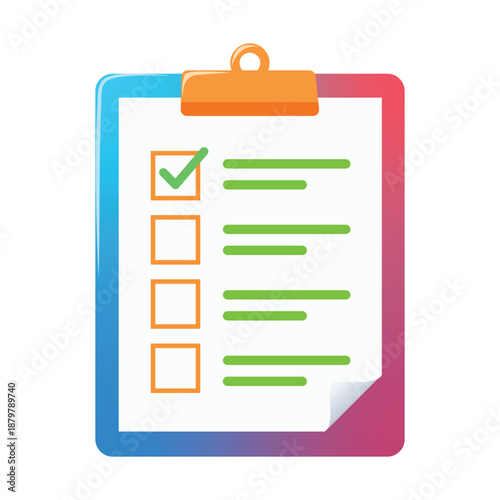 Colorful Clipboard with Checklist and Green Tick Mark Vector Illustration