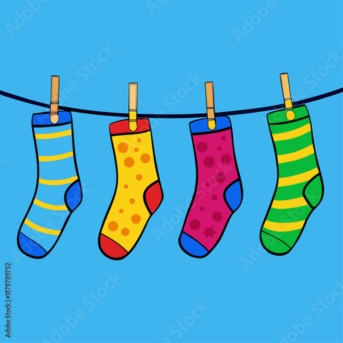 Colorful socks hanging on a clothesline