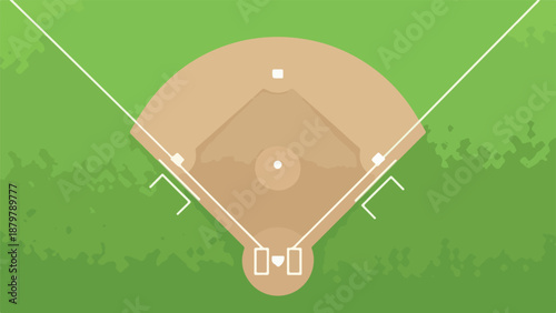 Overhead view of a baseball field with a brown infield and green outfield grass, featuring white markings and bases.