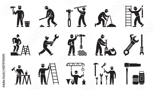 Building construction laborers performing diverse tasks including digging and masonry work with professional tools