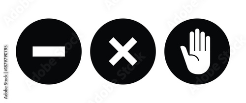 Black Circular Interface Icons - Vector Set with No Entry, Cancel, and Stop Symbols for Digital UI