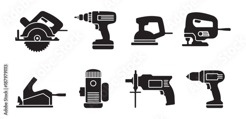 Set of construction tools icons. power tools for building and DIY projects. industrial equipment symbols