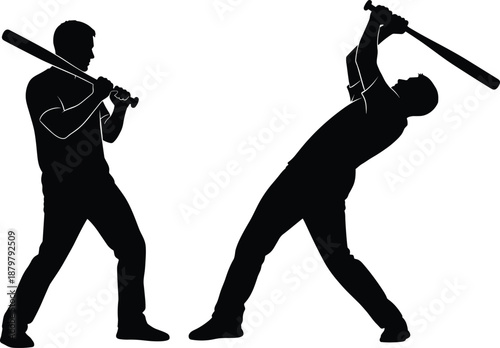 Two men fighting with baseball bats silhouette isolated on white background violence conflict danger concept black vector illustration