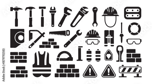 Set of construction tools and safety equipment icons for building industry and renovation projects