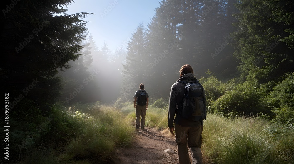 Fototapeta premium Two hikers with backpacks walk on a dirt path through a serene misty coniferous forest as early morning light filters through the dense trees