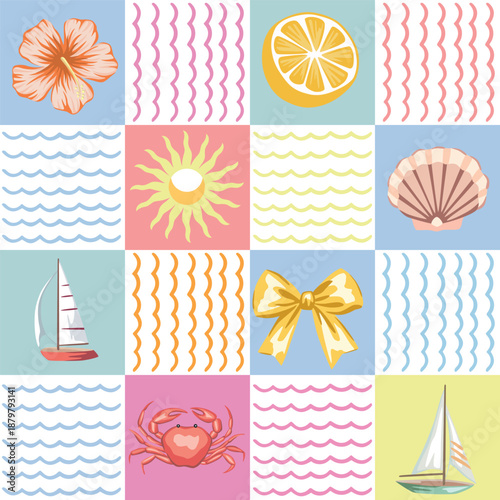 Sailboat, lemon fruit, shell, bow, crab, sun, hibiscus flower seamless pattern. Summer sea print.