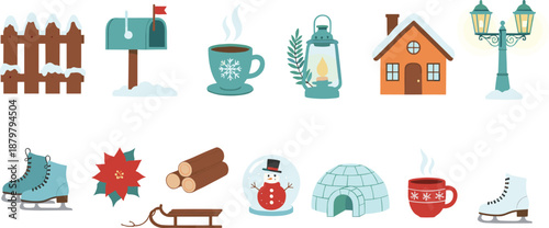 Winter cozy icons vector set with snow house lantern skates hot drink sled and seasonal outdoor elements