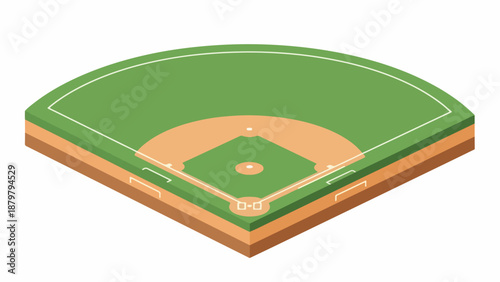 Isometric view of a green baseball field with brown dirt and white markings on a plain white background.