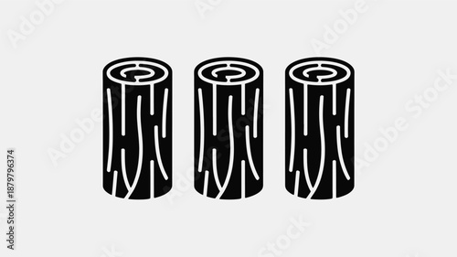 Three minimalist black wooden logs with visible tree rings on a light background Vector