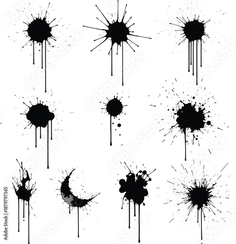 Black ink splatter stains vector illustration set with dripping paint blots grunge textures isolated on white background