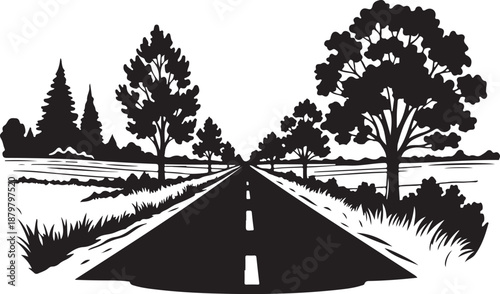 Silhouette of a road with trees and grassy fields