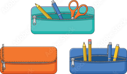 Canvastavla Colorful pencil cases vector illustration set with stationery supplies zipper po