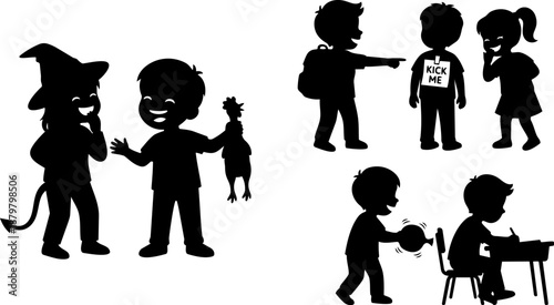 Children Silhouette Pranks and Bullying Scenes Set, Kids April Fools and School Mischief Illustration
