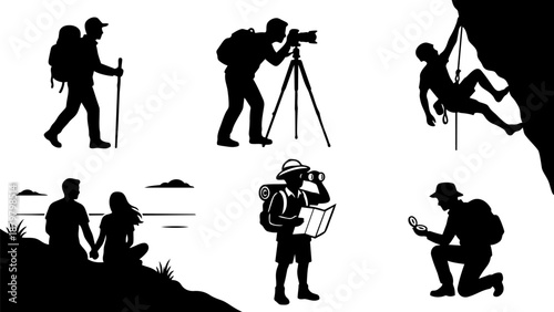 Outdoor Adventure Silhouette Set With Hiking, Photography, Climbing, Travel and Exploration Activities
