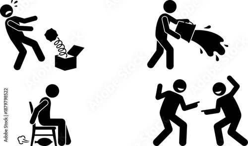 April Fools Prank Silhouettes Set With Stick Figures, Practical Joke and Surprise Icons
