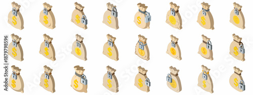 Isometric money bags set with dollar signs and padlocks, illustrating financial security, wealth preservation, and banking safety.