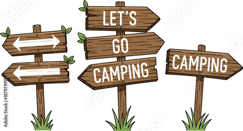 Camping wooden signposts vector illustration with directional arrows and lets go camping text for outdoor adventure theme