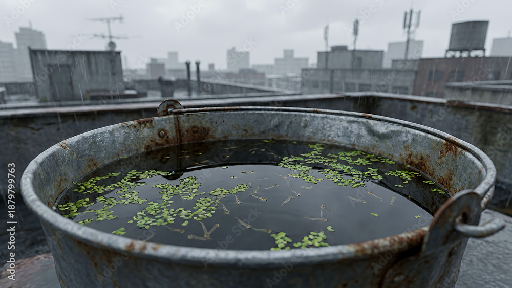 Fototapeta premium Rusty metal bucket with stagnant water and algae on rooftop 