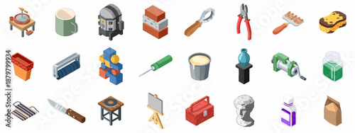 Diverse isometric craft and art tools icons set, featuring pottery supplies, construction materials, DIY equipment, and sculpting items on a white background.