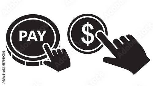 Solid Icon Illustration Of A Finger Pointer Clicking A Coin Button Representing One-Click Payment And Instant Microtransactions
