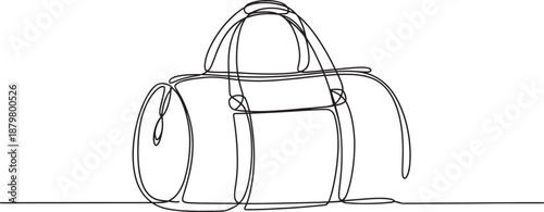 Travel duffel bag continuous one line drawing, minimal gym luggage outline vector illustration