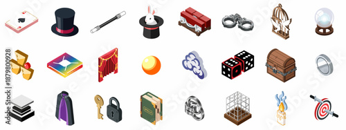 Isometric icon set of magic show and illusionist props: including top hat, rabbit, playing cards, wand, crystal ball, handcuffs, and stage equipment.