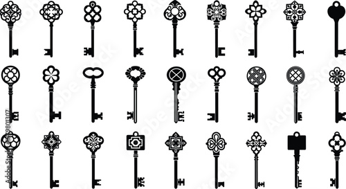 Collection of vintage key silhouettes with ornate decorative designs arranged in grid pattern for antique lock illustration and graphic design