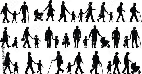 Family generations walking together silhouette set showing parents, children, strollers, and elderly people in daily life activities