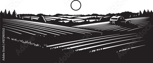 Black and white landscape with fields and trees illustration